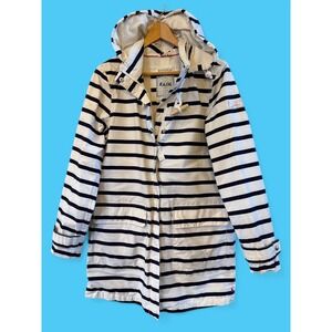 Joules Wmns White w/Navy Stripes Right as Rain Waterproof Long Rain Coat Sz 8